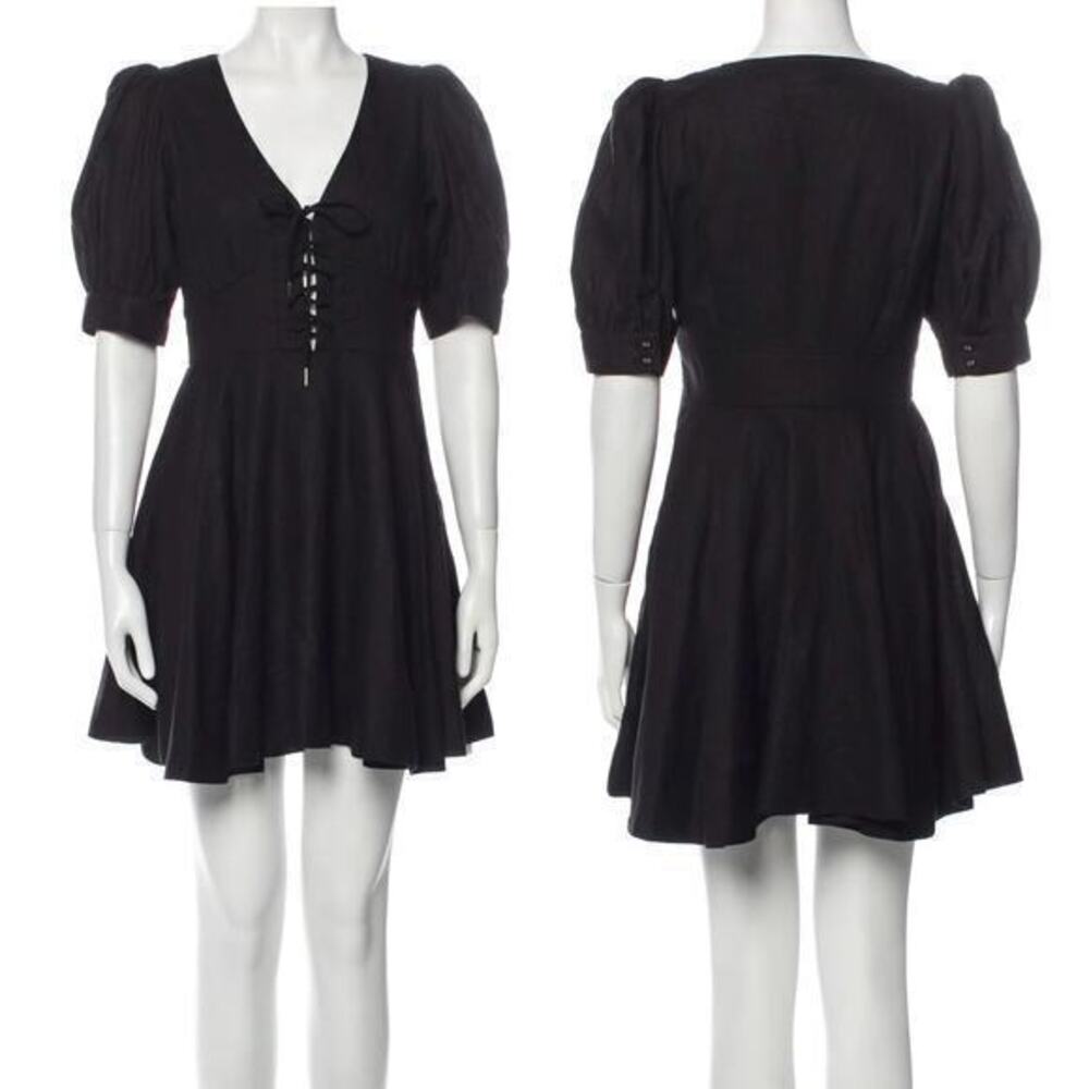 House of Harlow 1960 Black Linen Blend Lace-Up Bodice Peasant Mini Dress Size 6